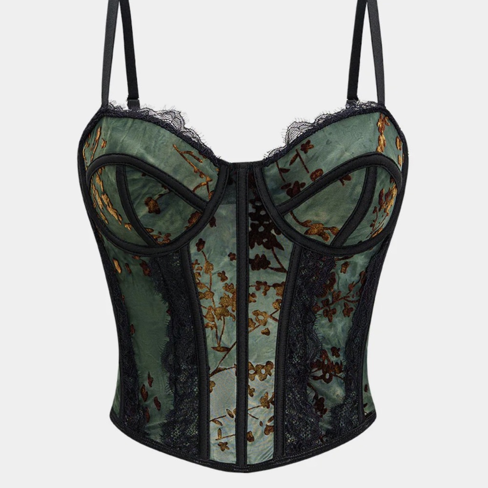 NWT Elegant Green Floral Lace Corset Top